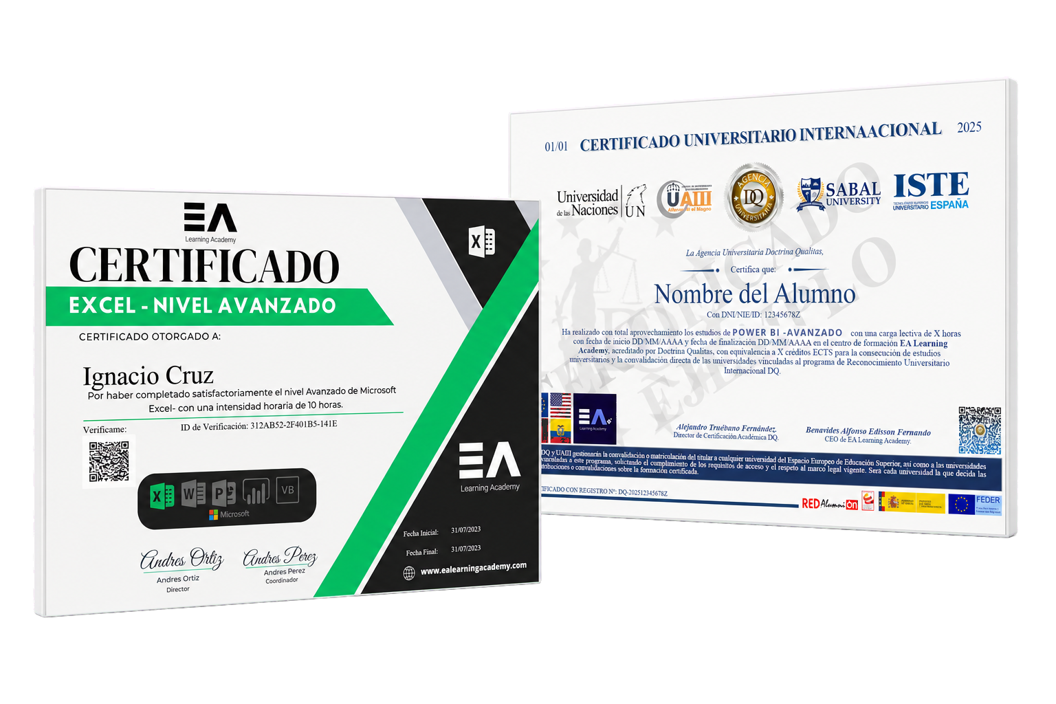 Certificado EA Learning Academy y certificado universitario internacional